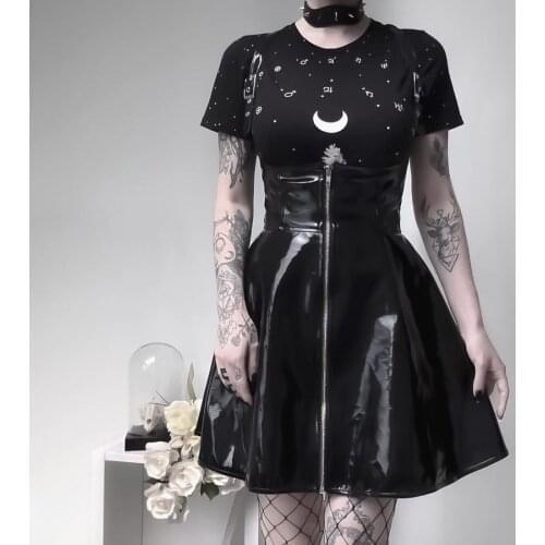 Black PVC Leather Spaghetti Strap Front Zipper Mini A-line Gothic Dress Women Night Club Wear