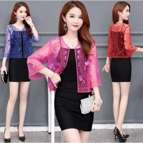 2021 Summer Short Cardigan Single Button Candy Color Mesh Sequin Small Shawl Three-quarter Sleeve Solid All-match Thin Coat Y993