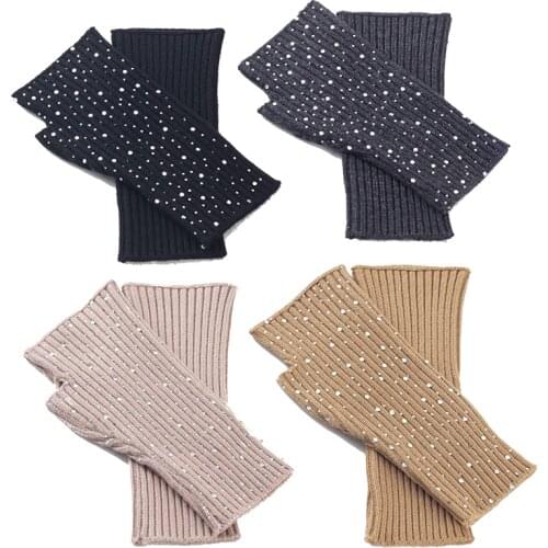 Fashion Women Rhinestone Hand Gloves Warmer Winter Stretchy Arm Crochet Knitting Unisex Cashmere Mittens Long Fingerless Gloves