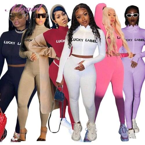 Autumn WomenS Set Ribbed Knitted Letter Print Zipper Long Sleeve Tops Jacket Pants Suit Joggers Two Piece Set Outfit Tracksuit