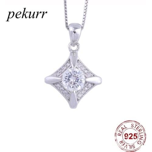 Pekurr 925 Sterling Silver Claw Catch Big Gems Square Necklaces For Women Crystal Geometry Pendants Party Fashion Jewelry