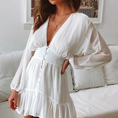 Casual Beach Dresses Ladies Solid White Long Sleeve V Neck Buttons Up A-line Mini Dress Womeb High Waist Mesh Vestidos Vacation