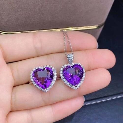 S925 Silver Natural Amethyst Jewelry Sets for Women Party Necklace and Ring Fine Jewelry Real Violet Crystal Large particles