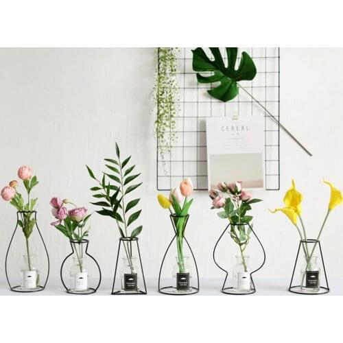 Nordic Artificial Flowers Vase Ins Flower Vase Metal Plant Holder Iron Line Black Vase Solid Flower Rack Holder Table Decor