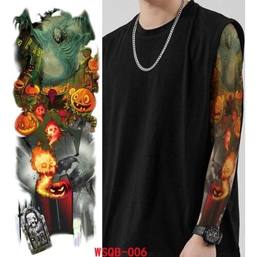 Temporary Tattoo Sticker Halloween Demon Ghost Tombstone Pumpkin Full Arm Art Flash Tatoo Sleeve FakeTatto for Men Women