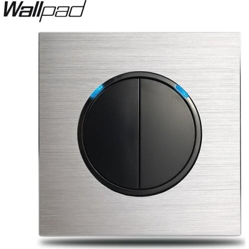 Wallpad Grey L6 2 Gang Double Light Switch 1 Way 2 Way Brushed Silver Aluminum Plate Push Return Button With Blue LED Indicator