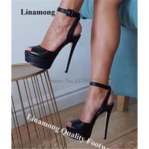 Linamong Brand Design Peep Toe High Platform Stiletto Heel Pumps Black Leather Ankle Strap Buckle High Heels Formal Dress Shoes
