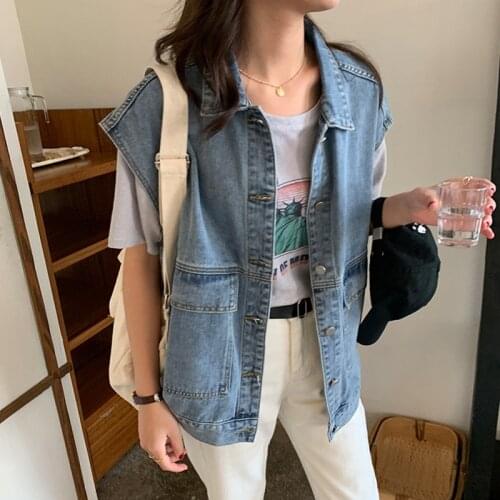 Sleeveless Denim Vest Women Large Plus Size Jean Waistcoat Female Coat Spring Autumn Casual Streetwear Jacket Light Blue Coat