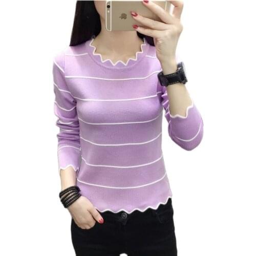 2020 Spring female Slim Purple stripes Pullovers Women Short style Wavy round neck Sweater Lady knit Full Sleeve stretch Jumpers