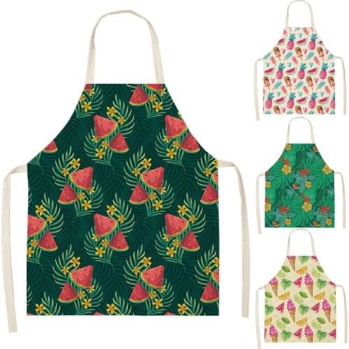 Ice Cream Print Flower Leaves Sleeveless Aprons Kitchen Women Cotton Linen Pinafore Home Cooking Baking Waist Bib 66x47cm