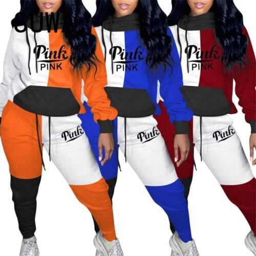 Pink Letter Print Women Set Full Sleeve 2 Pieces Clothes Set Sporty Sweatsuit Ladies Two Pieces Tracksuits