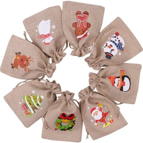 5pcs/lot Christmas Candy Gift 10*14cm Bag Cute Christmas Linen Tote Bag Lattice Side Drawstring Pocket Gift for Children
