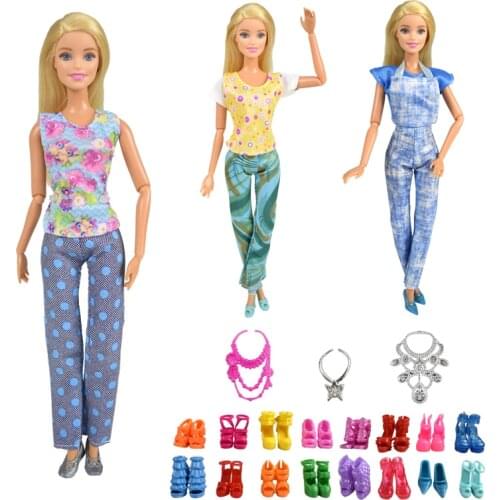 9 Item/Set Doll Accessories=3 Pcs Casual Clothes Set + 3 Plastic Necklace + Random 3 Pairs Shoes for Doll Accessories Girl Gift