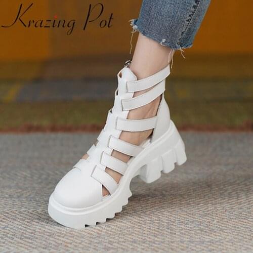 Krazing Pot size 43 genuine leather high heels platform mature breathable casual shoe gladiator office lady ankle summer boots