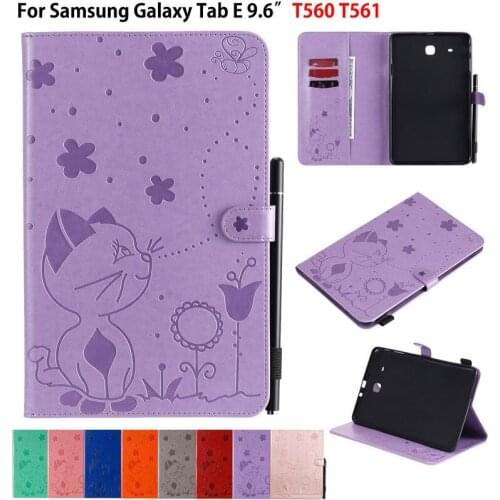 SM-T560 Case For Samsung Galaxy Tab E 9.6 T560 T561 SM-T561 Cover Funda Coque Cat Bee Embossed PU leather Stand Shell Capa
