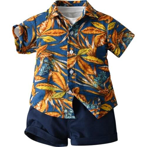 3 Pieces Kids Summer Beach Set Baby Boys Floral Print Turn-Down Collar Short Sleeve Shirts Solid Color O Neck T-Shirts Shorts