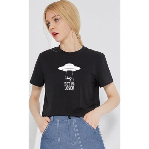 Get in loser letter print cotton t shirt for woman Graphic tees Hipster Tumblr Cozy tops plus size drop ship