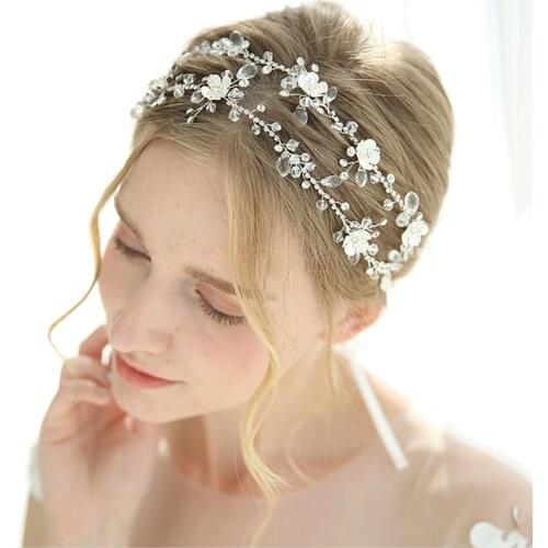 HP340 Popular Alloyed Flower and Crystal Bride Headdress with Ribbon Wedding Engagement Party Prom Girl Hair Ornaments Headband