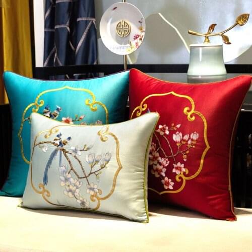 Fine Embroidery Magnolia Flower Birds Damask Cover Cushion Pillow Case Decor China Sofa Chair Cushion Cover Lumbar Pillow Covers