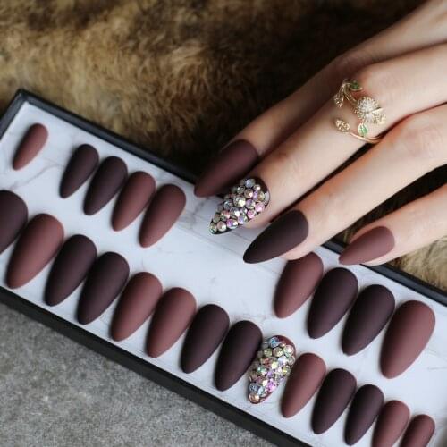 Teardrop-shaped Dark coffee full crystal stiletto fake nails nude full set 28pcs medium customize logo DIY Fake nails Matte