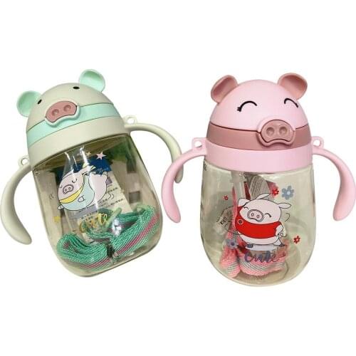 Cute Piggy Sippy V-shaped Spout Cups Baby Toddlers Dual Use Drinking Cup With Handle Soft Silicone Cap Anti-bite Straw Cup