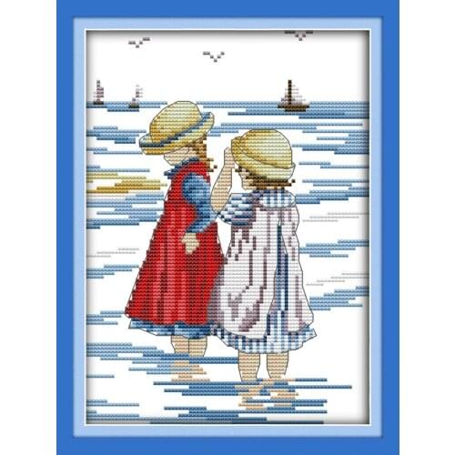 Sisters on beach cross stitch kit cartoon all our yesterday Aida count 18ct 14ct 11ct print embroidery DIY handmade needlework