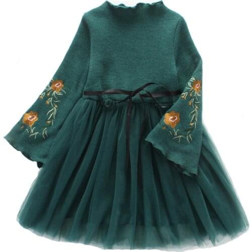 Autumn Winter Girls Dress Embroidery Floral Mesh Kids Dresses for Girls Fashion Princess Girls Party Dress DQ732