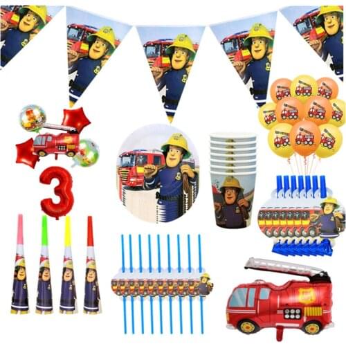 Fireman Sam Theme Birthday Party Tableware Banner Paper Cup Plate Fire Truck Balloon Party Supplise Boy Baby Shower Decor