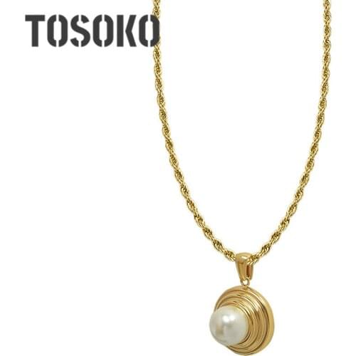 TOSOKO Stainless Steel Jewelry Thread Pearl Pendant Necklace Womens Fashion Clavicle Chain BSP177