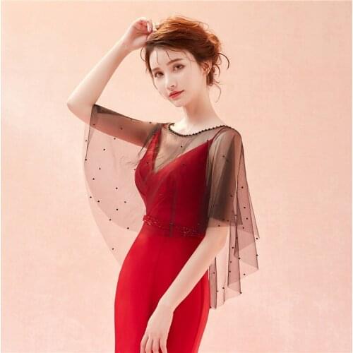 Tulle Pearls Wedding Shawl Black Beaded Party wrap Summer BOLERO Bridal Wedding jacket