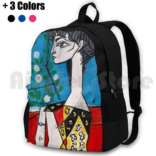 Pablo Picasso Portrait Jacqueline With Flowers Wall Art Red And Blue Outdoor Hiking Backpack Waterproof Camping Travel Pablo