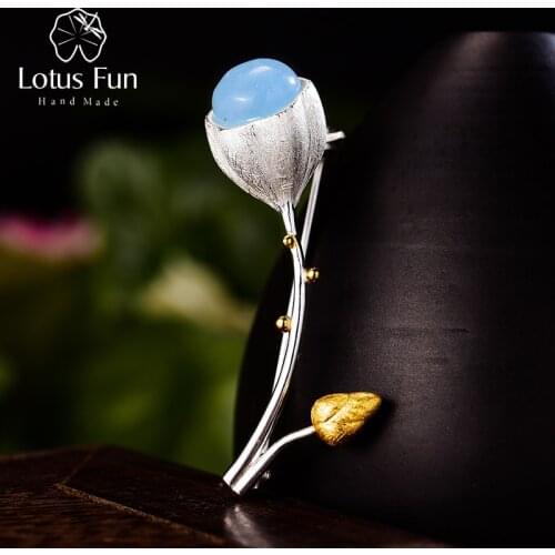Lotus Fun Real 925 Sterling Silver Natural Stone Handmade Designer Fine Jewelry Elegant Lotus Buds Brooches for Women Bijoux