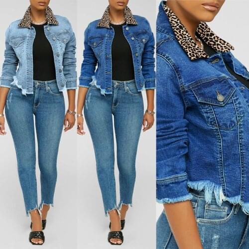 FNOCE 2021 new spring womens jeans jackets fashion trends casual streetwear leopard print long sleeve slim denim coats