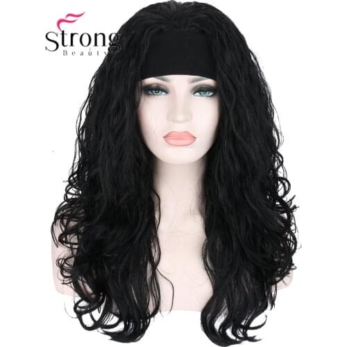 24" Womens Synthetic Curly Wavy Wig 3/4 Half Full Head Long Jet Black Wig with Black Headband Heat Resistant Costume Hairpiece