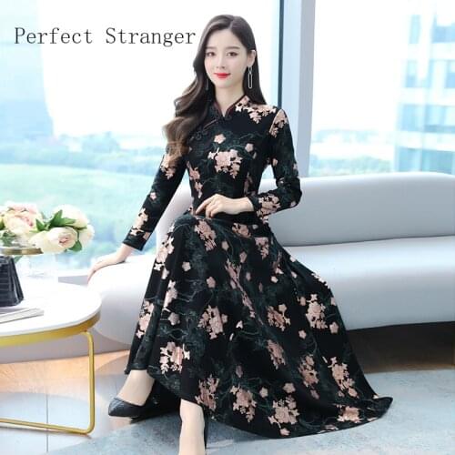 2021 Autumn Winter New Arrival Hot Sale Stand Collar Long Sleeve Printed Women Long Dress M-4XL