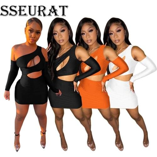 SSEURAT Women Mini Dress Solid Hollow Out Long Sleeve Skinny Dresses Summer Sexy Club Night Vestidos