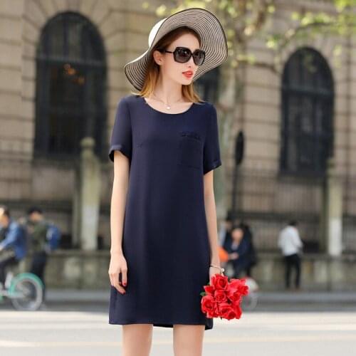 High Quality Dress Women 100% Heavy Silk Simple Design O Neck Pockets Short Sleeves 3 Colors Straight Dress New Fashion 2018