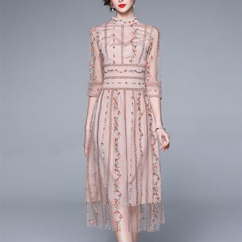 2021 Autumn Fashion High-End Embroidery Dress For Women 3/4 Sleeve Flower Mesh Party Robe Runway Vintage Dresses Vestidos