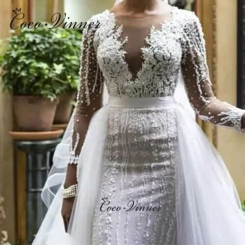 Sexy Deep V neck Heave Pearls Beaded Lace Mermaid Wedding Dress Detachable Train Vintage 2 IN 1 Bride Dress Africa New W0696