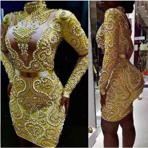 Sparkly Rhinestones Pearls Long Sleeve Dress Black Grey Color Sexy Women Birthday Celebrate Evening Party Dresses Stage Outfit