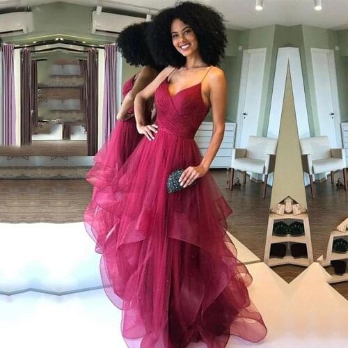 Burgundy Prom Dresses Spaghetti Strap Pleats A-Line Tulle Party Gowns Floor Length Backless Vestidos De Fiesta De Noche
