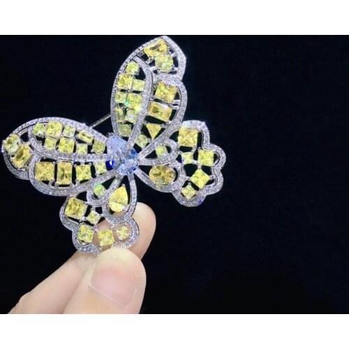 Cute yellow color 925 sterling silver with cubic zircon butterfly brooch high quality fine women jewelry elegant free shipping