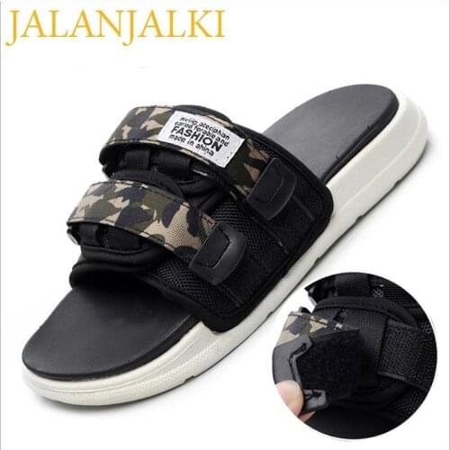 JALANJALKI Fashion Men Slippers Flat sole Non-slip Women Shoes Velcro Black Camouflage Male Sandals Street Femal EVA Flip-flops