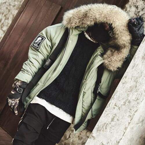 Men Winter Warm Thick Fur Collar Ribbon Hooded Parkas Jacket Male Streetwear Hip Hop Cotton Padded Coat Fashion Overcoat