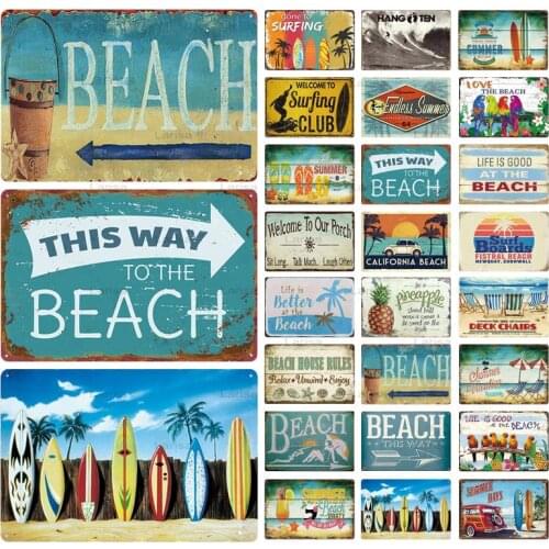 Metal Tin Sign Plaque Metal Painting Vintage Summer Metal Wall Sign Decor for Beach Bar Beach Surfing Seaside Decorative Plate