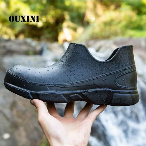 Mens black Color Chef Shoes Flat Short Tube Kitchen Waterproof Boots Soft Bottom Hotel Restaurant Canteen Non-slip Work Shoes