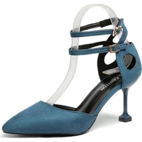 Pumps Black pointed sexy suede high heels Low-top buckled Korean womens shoes Increased wearable and comfortable womens