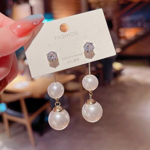 Vintage Silver Color Wedding Earrings Cute Round Pearl Chain Dangle Earrings Trendy Female White Zircon Drop Earrings For Women