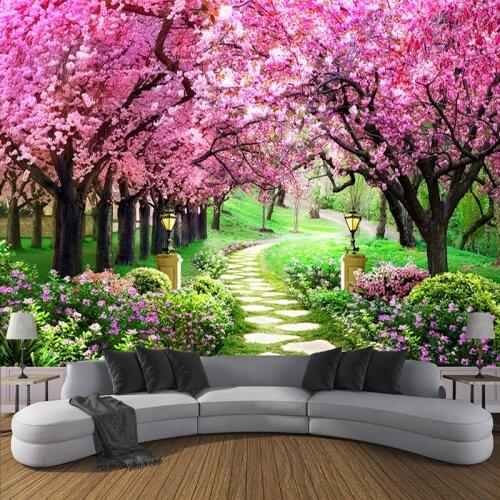 Custom 3D Photo Wallpaper Murals Romantic Cherry Blossom Tree Small Road 3D Living Room Decor Mural Wall Cloth Papel De Parede