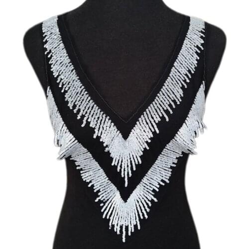 5Pcs/lot V-NEck Neckline 28x44cm Silver Decorative Patches Sewing for Diy Clothes Women Dress Appliques Wedding Dress Trimmings